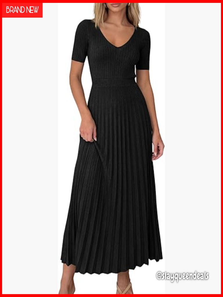Spring Midi Sweater Dress Pleated Ribbed Knit A Line Short Sleeve V Neck